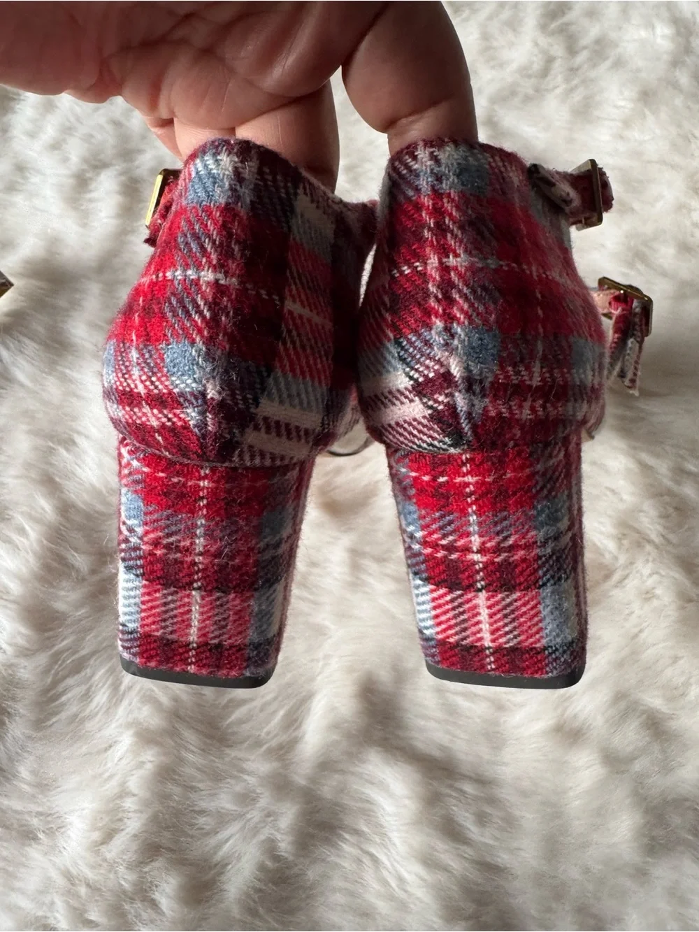 J. Crew Red Plaid Triple-Strap Pointed Pumps
